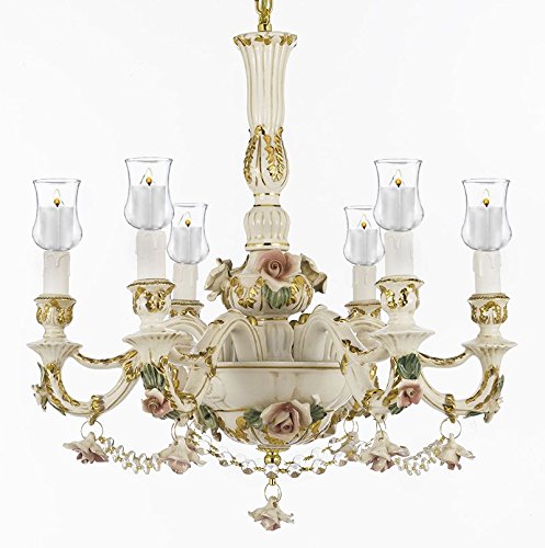 Authentic Capodimonte Porcelain Chandelier Lighting Chandeliers Cottage Chic Made in Italy, Good for Dining Room, Kids & Girls Bedrooms 24K Gold Trimmed w/ Roses & Flowers Dressed With Candle Votives - GB102-B52/B31/435/6