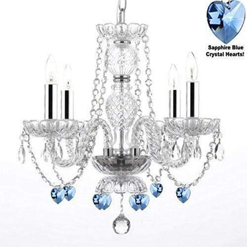 Swarovski Crystal Trimmed Chandelier! Lighting W/Crystal Blue Hearts w/Chrome Sleeves! H 17" W17" Swag Plug in-Chandelier W/ 14' Feet of Hanging Chain and Wire! - Perfect for Kid's and Girls Bedrooms - J10-B43/B15/B85/26098/4SW