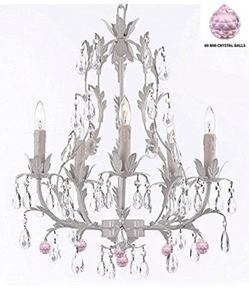 White Wrought Iron Floral Chandelier Lighting Chandeliers W/ Pink Balls - J10-B76/White/26016/5