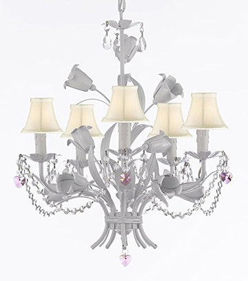 White Wrought Iron Floral Chandelier Empress Crystal (Tm) Flower Chandeliers Lighting H23" X W19" With White Shades - J10-Sc/Whiteshade/B21/B52/White/325/5