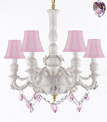 Authentic Capodimonte White Porcelain Chandelier Lighting Chandeliers Cottage Chic Made in Italy, Good for Dining Room, Kids & Girls Bedrooms w/ Roses & Flowers W/ Pink Hearts Crystals and Pink Shades - GB102-SC/PINKSHADE/B52/B21/WHITE/435/6