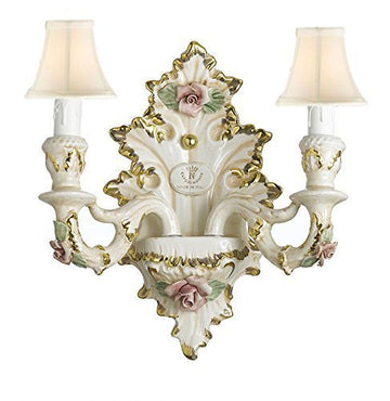 Authentic Capodimonte Porcelain Wall Sconce Lighting Cottage Chic Made in Italy With Shades, 24K Gold Trimmed w/ Roses & Flowers - GB102-WALLSCONCE/2/435/WHITESHADES