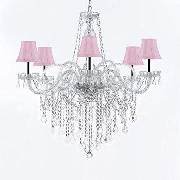 Murano Venetian Style All-Crystal Chandelier Chandeliers with Pink Shades W/Chrome Sleeves H38" X W32" - G46-B43/SC/PINKSHADES/B12/B67/385/6