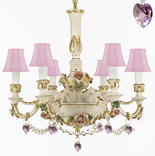 Authentic Capodimonte Porcelain Chandelier Lighting Chandeliers Cottage Chic Made in Italy, 24K Gold Trimmed w/ Roses & Flowers Dressed w/ Crystals and Hearts With Pink Shades - GB102-SC/PINKSHADE/B52/B21/435/6