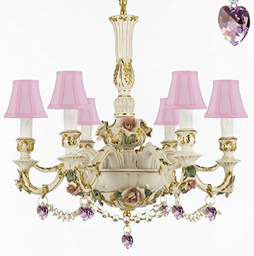 Authentic Capodimonte Porcelain Chandelier Lighting Chandeliers Cottage Chic Made in Italy, 24K Gold Trimmed w/ Roses & Flowers Dressed w/ Crystals and Hearts With Pink Shades - GB102-SC/PINKSHADE/B52/B21/435/6