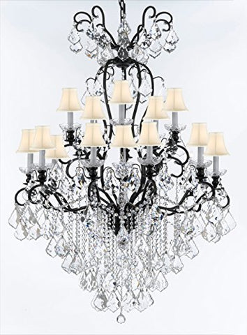 Wrought Iron Crystal Chandelier Lighting W38" H60" - Good for Entryway, Foyer, Living Room, Ballrooms, Catering Halls, Event Halls! w/ White Shades - A500-WHITESHADES/B12/556/16