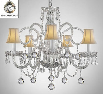 Crystal Chandelier With White Shades & Crystal Balls - A46-B6/Whiteshades/385/5