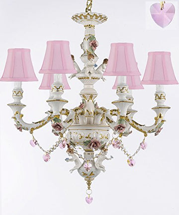 Authentic Capodimonte Porcelain Chandelier Lighting w/ Cherub Angels W/ Pink Hearts w/ Pink Shades Made in Italy Good for Dining Room, Kids & Girls Bedrooms 24K Gold Trimmed w/ Roses & Flowers - GB102-SC/PINKSHADES/B21/119/6