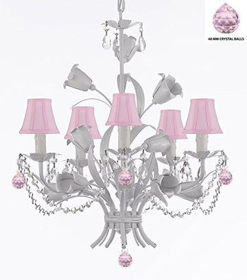 White Wrought Iron Floral Chandelier Empress Crystal (Tm) Flower Chandeliers Lighting H23" X W19" With Pink Shades - J10-Sc/Pinkshade/B76/B52/White/325/5