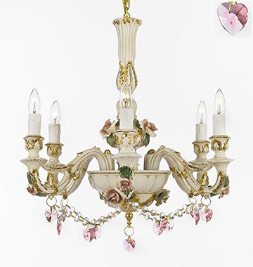 Authentic Capodimonte Porcelain Chandelier Lighting Chandeliers Cottage Chic Made in Italy, 24K Gold Trimmed w/ Roses & Flowers Dressed w/ Pink Hearts Crystals - GB102-B52/B23/435/6