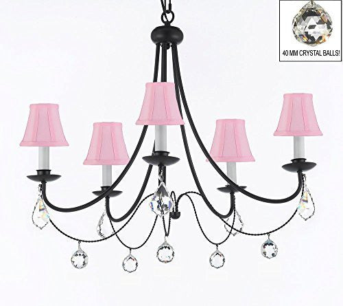 Empress Crystal (Tm) Wrought Iron Chandelier Lighting H.22.5" X W.26" With Pink Shades And Crystal Balls Swag Plug In-Chandelier W/ 14' Feet Of Hanging Chain And Wire - J10-B16/Sc/Pinkshades/B7/B6/26031/5