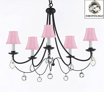 Empress Crystal (Tm) Wrought Iron Chandelier Lighting H.22.5" X W.26" With Pink Shades And Crystal Balls Swag Plug In-Chandelier W/ 14' Feet Of Hanging Chain And Wire - J10-B16/Sc/Pinkshades/B7/B6/26031/5