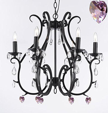 Wrought Iron Empress Crystal (TM) Chandelier Chandeliers Lighting W/ Pink Crystal Hearts - For Nursery, Kids, Girls Bedrooms, Kitchen, Etc - A7-B21/406/6