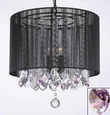 Crystal Chandelier With Large Black Shade And Pink Crystal Hearts H15" X W15" - Perfect For Kids' And Girls Bedrooms - G7-B21/Black/Sm/26029/3