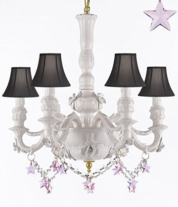 Authentic Capodimonte White Porcelain Chandelier Lighting Chandeliers Made in Italy, Good for Dining Room, Kids & Girls Bedrooms w/ Roses & Flowers Speciality item, W/ Pink Stars Crystals and Black Shades - GB102-SC/BLACKSHADE/B52/B38/WHITE/435/6