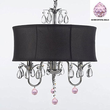 Crystal Chandelier Chandeliers With Large Black Shade And Pink Crystal Balls W18" H 22" - Perfect For Kids' And Girls Bedrooms - J10-B76/Black/26032/3