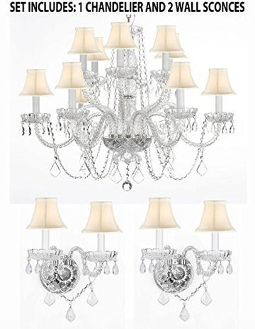 Three Piece Lighting Set - Crystal Chandelier H27" X W32" And 2 Wall Sconces With White Shades - 1Ea Whtshd/385/6+6 +2Ea Whtshd/B12/2/386