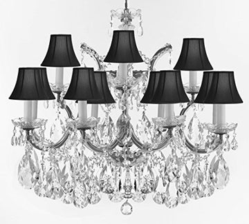 Swarovski Crystal Trimmed Maria Theresa Chandelier Crystal Lighting Fixture Pendant Ceiling Lamp for Dining room, Entryway, Living room With Large, Luxe Crystals! H22" X W28" w/ Black Shades - A500-CS/BLACKSHADES/B89/21532/12+1SW
