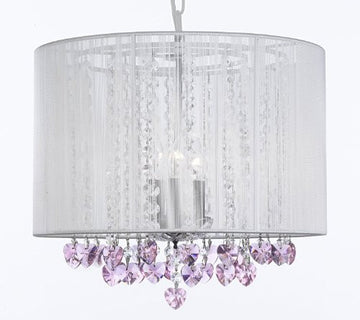 Crystal Chandelier Chandeliers With Large White Shade and Pink Crystal Hearts! H15 x W15 - Perfect for Kids' and Girls Bedrooms! - G7-B23/WHITE/SM/26028/3-PINK HEARTS