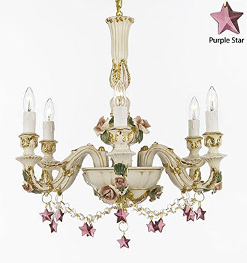 Authentic Capodimonte Porcelain Chandelier Lighting Chandeliers Cottage Chic Made in Italy, 24K Gold Trimmed w/ Roses & Flowers Dressed w/ Purple Stars Crystals - GB102-B52/B51/435/6