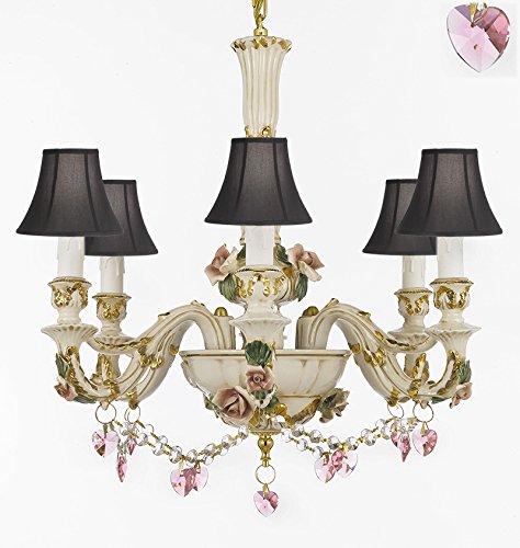 Authentic Capodimonte Porcelain Chandelier Lighting Chandeliers Cottage Chic Made in Italy, 24K Gold Trimmed w/ Roses & Flowers Dressed w/ Pink Hearts Crystals With Black Shades - GB102-SC/BLACKSHADES/B52/B23/435/6