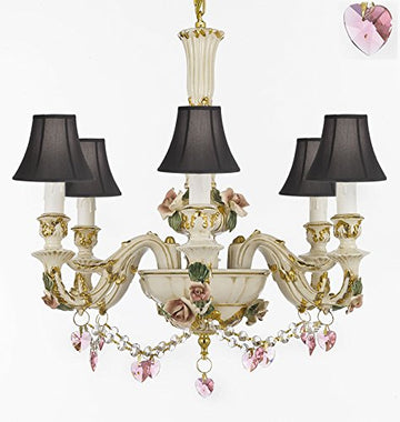 Authentic Capodimonte Porcelain Chandelier Lighting Chandeliers Cottage Chic Made in Italy, 24K Gold Trimmed w/ Roses & Flowers Dressed w/ Pink Hearts Crystals With Black Shades - GB102-SC/BLACKSHADES/B52/B23/435/6