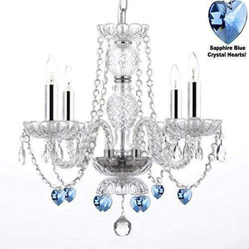 Authentic All Crystal Chandelier Chandeliers Lighting with Sapphire Blue Crystal Hearts! Perfect for Living Room, Dining Room, Kitchen, Kid's Bedroom w/Chrome Sleeves! H17" W17" - J10-B43/B85/26098/4