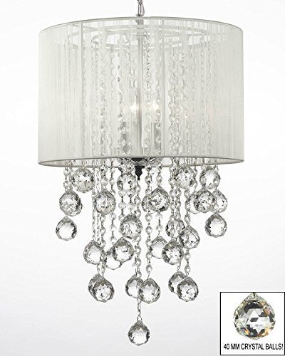 Crystal Chandelier W/ Large White Shade & Crystal Balls H24" W15" - Dressed With High Quality Diamond Cut Crystal - G7-B59/B6/White/3/26028/3