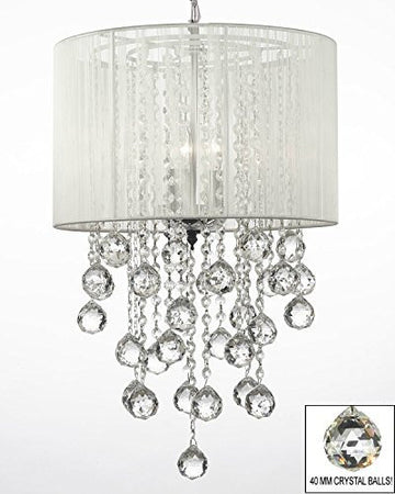 Crystal Chandelier W/ Large White Shade & Crystal Balls H24" W15" - Dressed With High Quality Diamond Cut Crystal - G7-B59/B6/White/3/26028/3