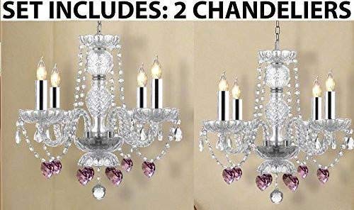 Set of 2 - Chandeliers Lighting W/Crystal Pink Hearts w/Chrome Sleeves! H 17 - 2EA J10-B43/B21/26098/4