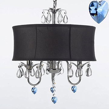 Crystal Chandelier Chandeliers With Large Black Shade And Blue Crystal Hearts W18" H 22" - Perfect For Kids' And Girls Bedrooms - J10-B85/Black/26032/3
