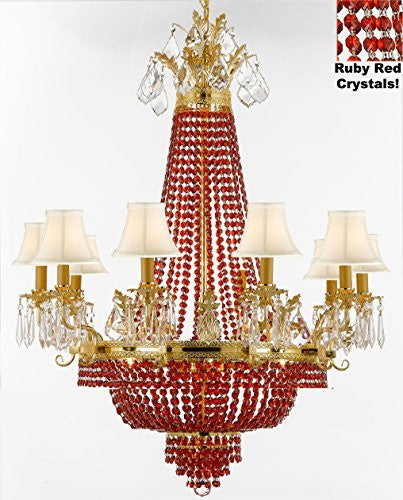 French Empire Crystal Chandelier Chandeliers H40" W30" - Dressed With Ruby Red Crystals And White Shades Perfect For Dining Room / Entryway / Foyer / Living Room - A500-B81/Whiteshade/1280/10+5