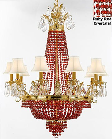 French Empire Crystal Chandelier Chandeliers H32" W25" - Dressed With Ruby Red Crystals And White Shades Perfect For Dining Room / Entryway / Foyer / Living Room - A500-B81/Whiteshade/1280/8+4