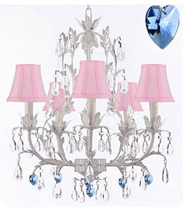White Wrought Iron Floral Chandelier Lighting W/ Blue Hearts And Shades - J10-Sc/Pinkshade/B85/White/26016/5