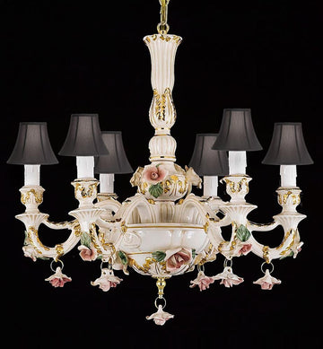 Authentic Capodimonte Porcelain Chandelier Lighting Chandeliers Lighting Empress Crystal (Tm) Made in Italy, Good for Dining Room, Kids & Girls Bedrooms 24K Gold Trimmed w/ Roses & Flowers with Black Shades - B102-BLACKSHADES/435/6