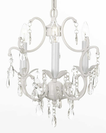 White Chandelier Wrought Iron Crystal Chandeliers H14" W11" Swag Plug In-chandelier w/ 14' Feet of Hanging Chain and Wire - G7-B17/WHITE/618/3