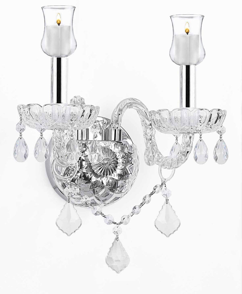Murano Venetian Style Crystal Wall Sconce Lighting w/Candle Votive Cups - No Electrical Wiring Needed! Can Use with Candles or Battery Operated Led Lights (Not Included) w/Chrome Sleeves! - G46-B43/B31/B12/2/386
