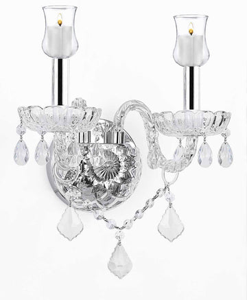 Murano Venetian Style Crystal Wall Sconce Lighting w/Candle Votive Cups - No Electrical Wiring Needed! Can Use with Candles or Battery Operated Led Lights (Not Included) w/Chrome Sleeves! - G46-B43/B31/B12/2/386