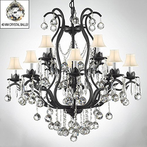 Wrought Iron Empress Crystal (Tm) Chandelier Lighting Dressed W/ Crystal Balls & White Shades - A500-B6/Sc/3034/8+4-White Shades