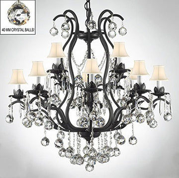 Wrought Iron Empress Crystal (Tm) Chandelier Lighting Dressed W/ Crystal Balls & White Shades - A500-B6/Sc/3034/8+4-White Shades
