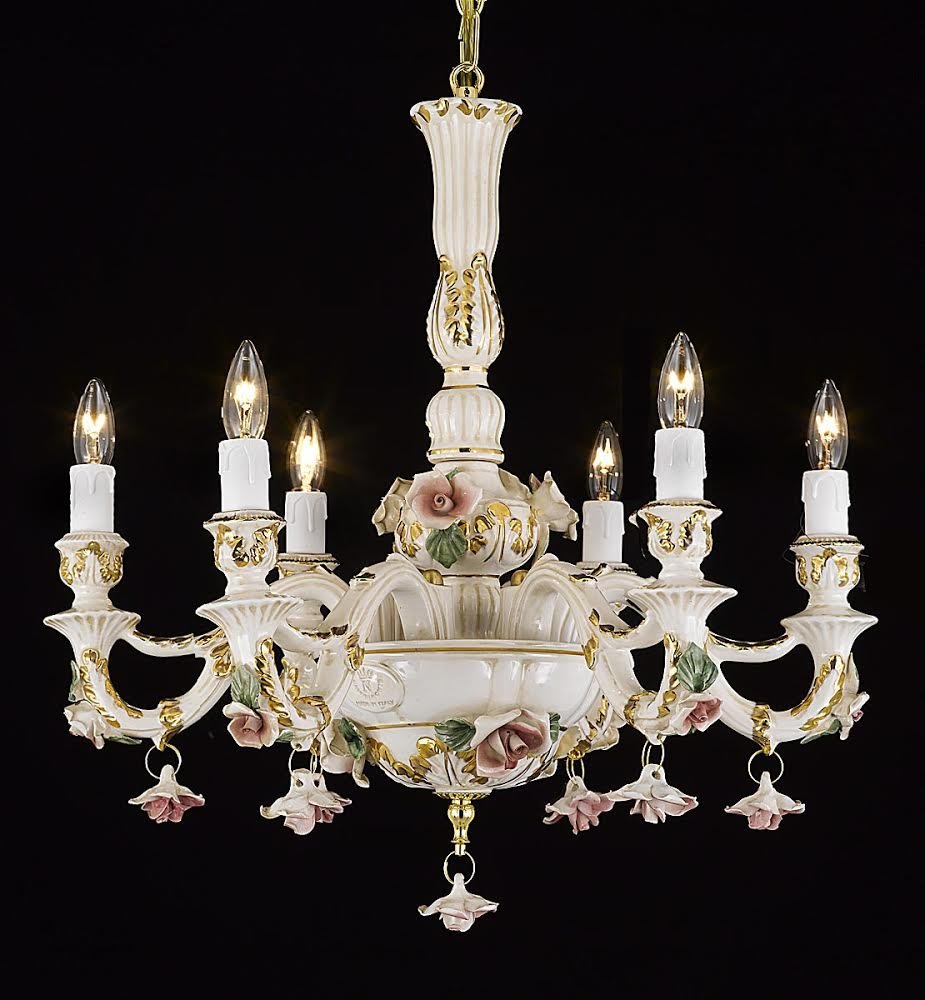 Authentic Capodimonte Porcelain Chandelier Lighting Chandeliers Lighting Cottage Chic Made in Italy, Good for Dining Room, Kids & Girls Bedrooms 24K Gold Trimmed w/ Roses & Flowers - B102-435/6
