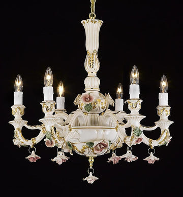 Authentic Capodimonte Porcelain Chandelier Lighting Chandeliers Lighting Cottage Chic Made in Italy, Good for Dining Room, Kids & Girls Bedrooms 24K Gold Trimmed w/ Roses & Flowers - B102-435/6