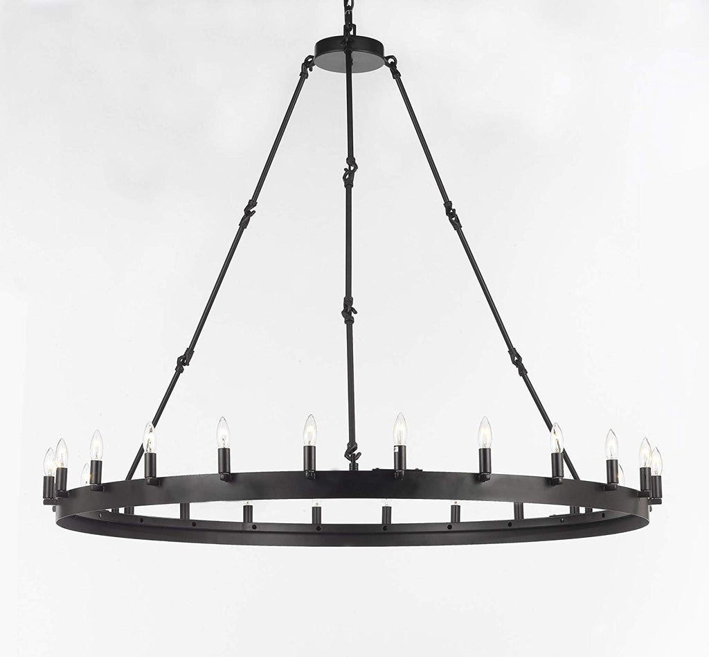 Set of 2-1 Wrought Iron Vintage Barn Metal Castile One Tier Chandelier Lighting W 50" H 48" and 1 Wrought Iron Vintage Barn Metal Castile One Tier Chandelier Lighting W 38" H 40" - 1EA G7-3428/24 + 1EA G7-3428/18