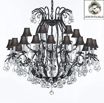 Wrought Iron Crystal Chandeliers Lighting Empress Crystal (Tm) Dressed With Faceted Crystal Balls And Black Shade H46" W46" Perfect For An Entryway Or Foyer - A500-Sc/Blackshade/B6/3034/18+6