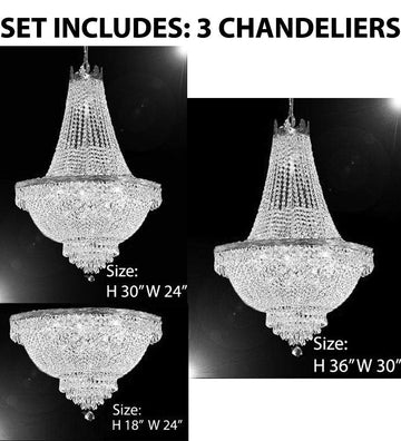 Set of 3-1 French Empire Crystal Chandelier Lighting H36 X W30 & 1 French Empire Crystal Chandelier Lighting H30 X W24 and 1 French Empire Crystal Semi Flush Basket Chandeliers Lighting H18 X W24 - CS/870/14+ CS/870/9+ FLUSH/CS/870/9 A500-