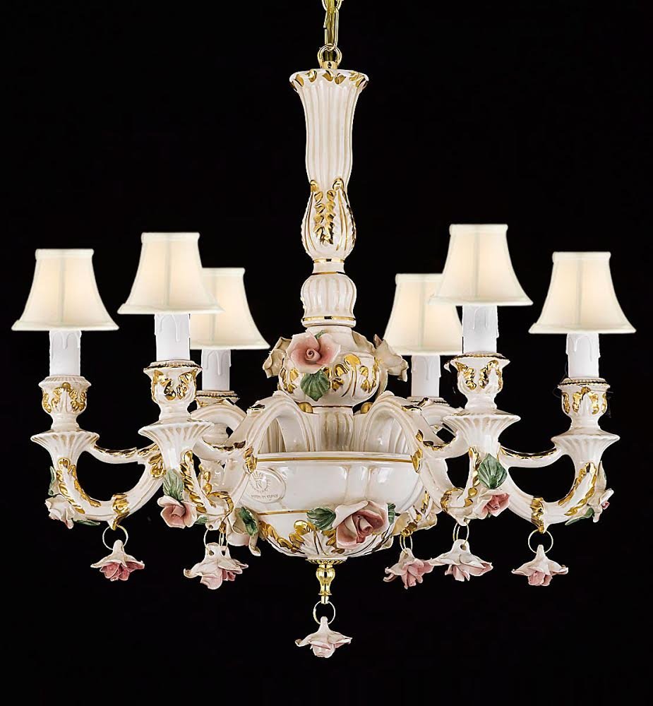 Authentic Capodimonte Porcelain Chandelier Lighting Chandeliers Lighting Empress Crystal (Tm) Cottage Chic Made in Italy, Good for Dining Room, Kids & Girls Bedrooms 24K Gold Trimmed w/ Roses & Flowers with White Shades - B102-WHITESHADES/435/6