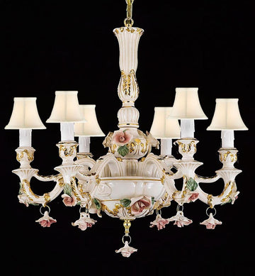 Authentic Capodimonte Porcelain Chandelier Lighting Chandeliers Lighting Empress Crystal (Tm) Cottage Chic Made in Italy, Good for Dining Room, Kids & Girls Bedrooms 24K Gold Trimmed w/ Roses & Flowers with White Shades - B102-WHITESHADES/435/6
