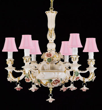 Authentic Capodimonte Porcelain Chandelier Lighting Chandeliers Lighting Empress Crystal (Tm) Cottage Chic Made in Italy, Good for Dining Room, Kids & Girls Bedrooms 24K Gold Trimmed w/ Roses & Flowers with Pink Shades - B102-PINKSHADES/435/6