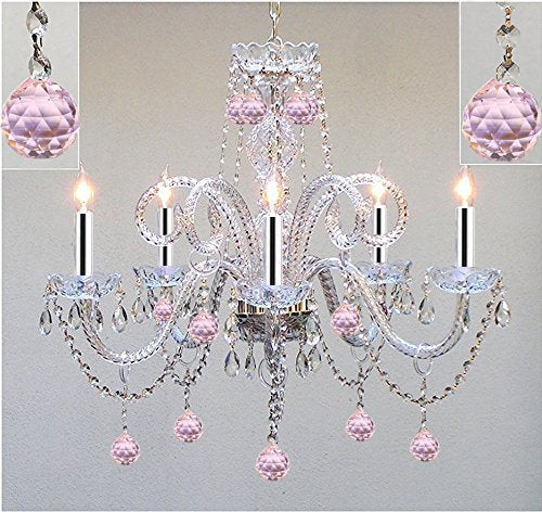 Chandelier Lighting Dressed w/Pink Balls with Chrome Sleeves! H25 X W24 Chandelier Lighting! - GO-A46-B43/BALLS/387/5/PINK