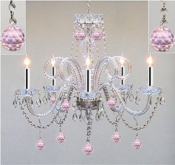 Chandelier Lighting Dressed w/Pink Balls with Chrome Sleeves! H25 X W24 Chandelier Lighting! - GO-A46-B43/BALLS/387/5/PINK